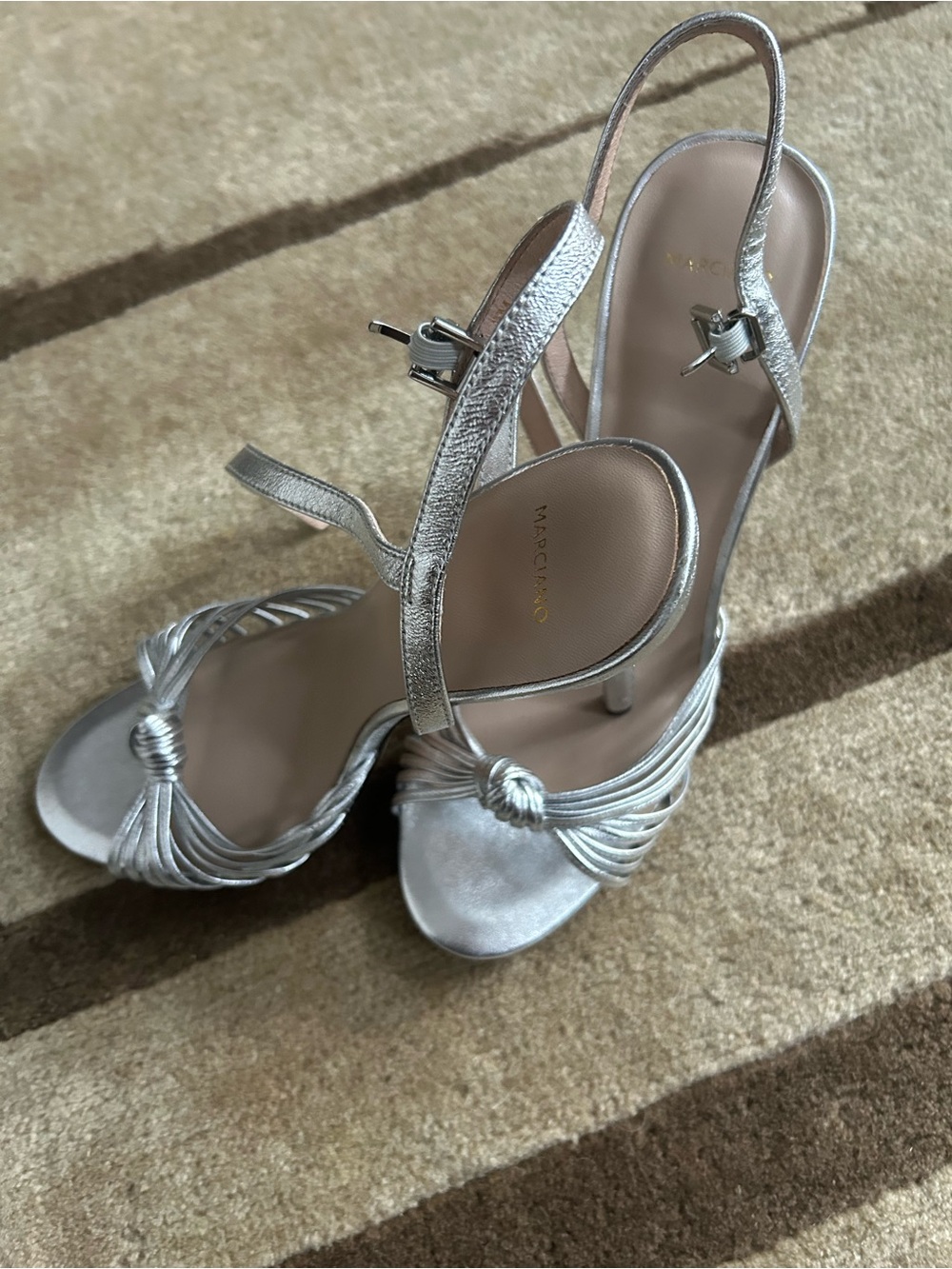 Marciano Metallic Silver Knot-Detail Slingback Sandals